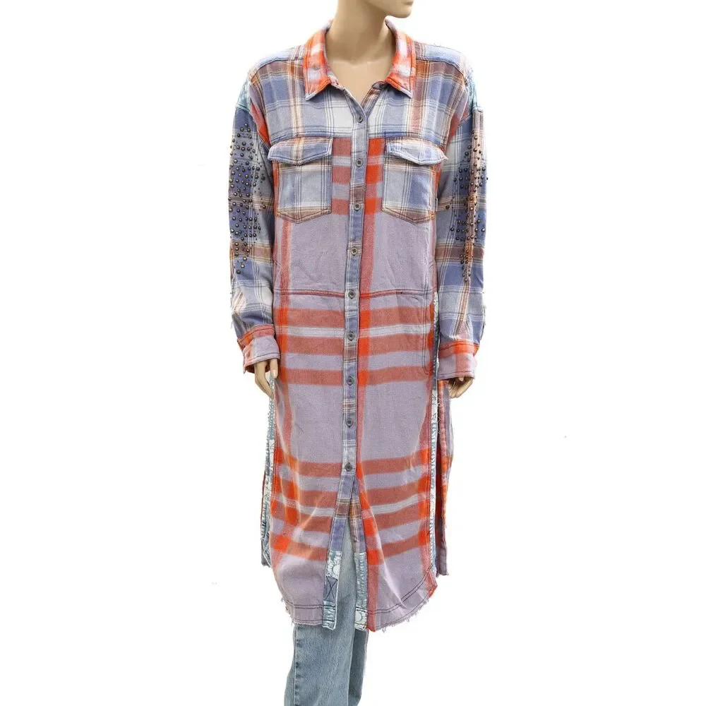Free People We The Free Flannel Painted Hills Maxi Shirt Top Oversized S 285336